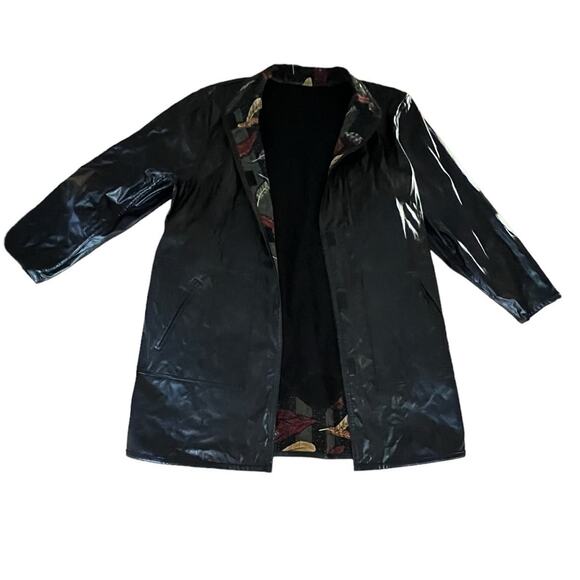 Vintage Koos Of Course! Black Feathers Reversible Vinyl & Polyester Jacket Large - Picture 11 of 16